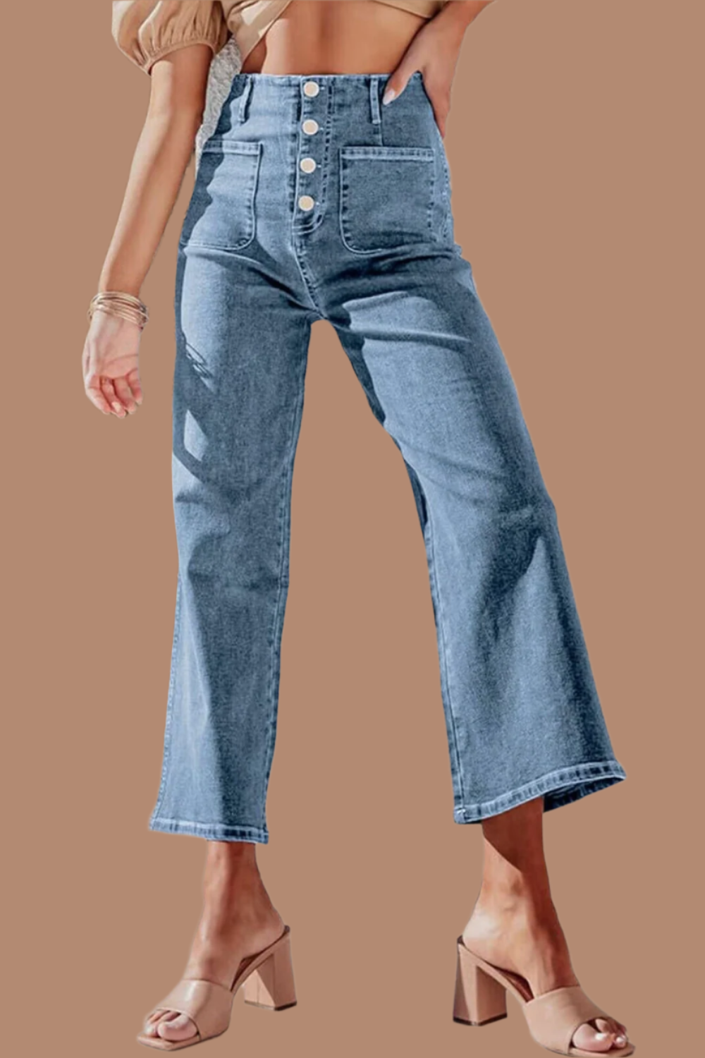 Button Fly Cropped Wide Leg Jeans