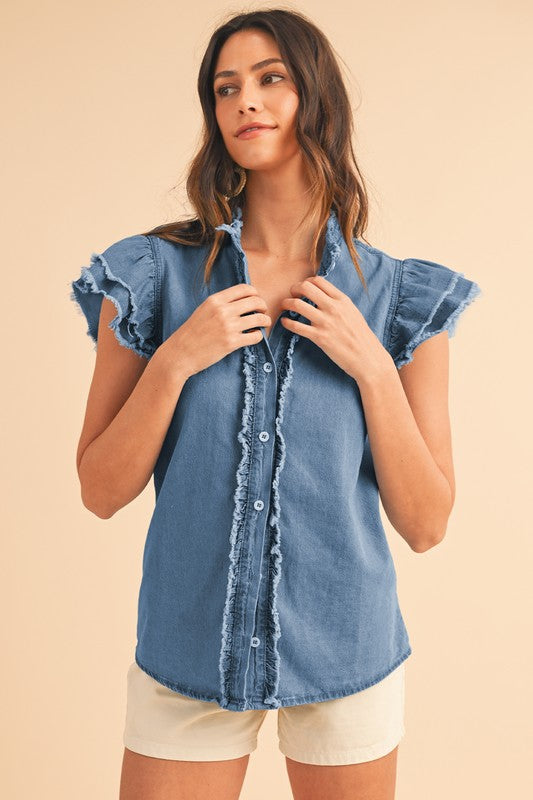 Button Front Ruffled Flutter Frayed Denim Top