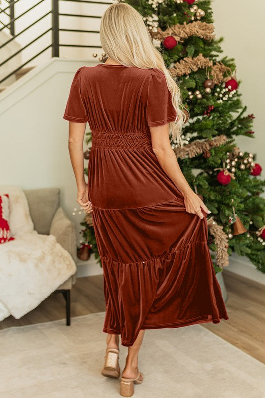 Women Short Sleeve Shirred Waist Tiered Maxi Dress